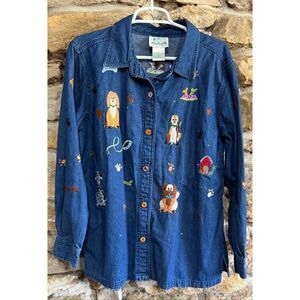 Women’s Vintage Fido Dog Party Denim Long Sleeve. Button Down Quacker Factory Si